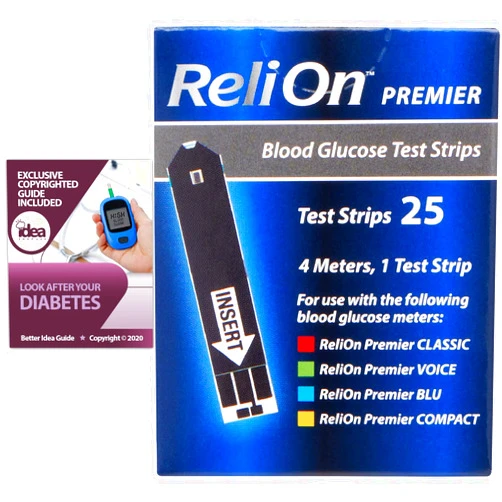 Idea Shop USA ReliOn Premier Blood Glucose Test Strips, 25 Ct Bundle with Exclusive Look After Your Diabetes - Better Idea Guide (2 Items)