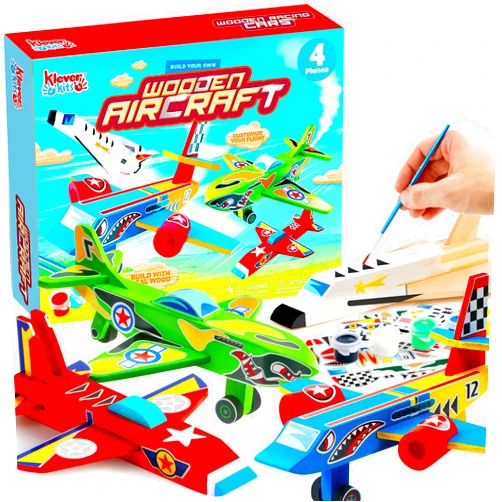 Klever Kits 4 DIY Wooden Aircrafts-Build & Paint Your Own Wooden Airplane Craft Kit, Art & Craft Kit DIY Projects, Easy to Assemble Birthday Gifts for Boys 6-12 Year Old