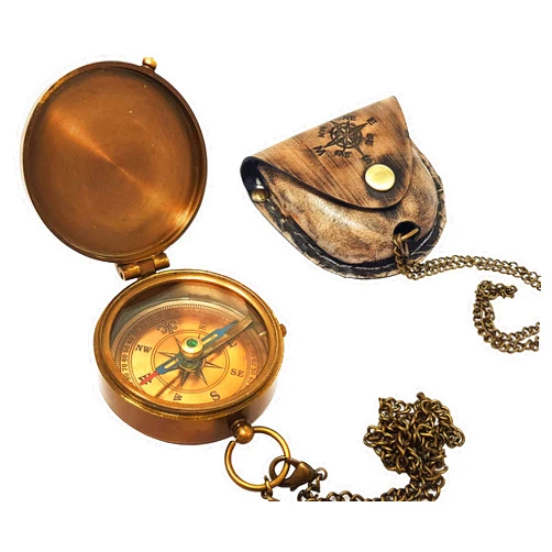The New Antique Brass Compass Nautical Pocket Backpacking Compass Leather Case Vintage Camping Hiking Direction Marine Graduation Confirmation Day Engravable for Men Quality Travel Accessory