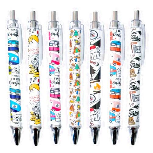YJ PREMIUMS Camping Pens 7PC – Cool Vintage Camper Black Ballpoint Aesthetic Outdoor Activities Fun Writing Tools Men Women Students Professionals Unique Theme Party Favors, Office School Supplies Gifts