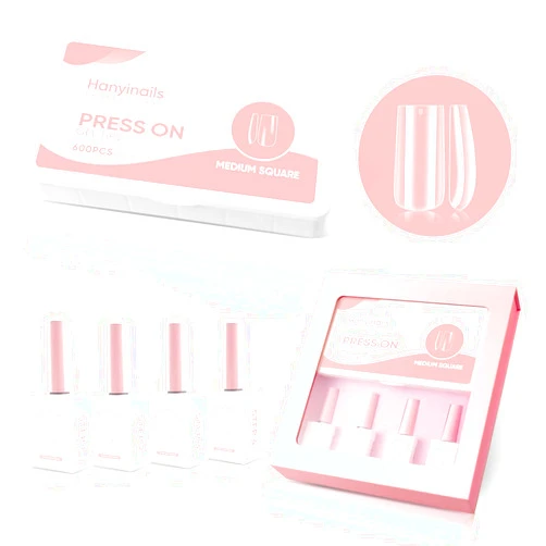 Hanyinails Press On Nails BUNDLES Extension Nail Set with dehydrator primer extend tip glue gel, top coat, Medium Square 600Pcs Clear False Nail gel Tips Kit Premium Press On Nails for Mani Lover