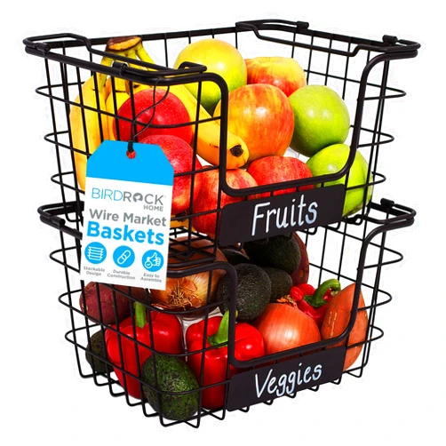 BIRDROCK HOME Stacking Wire Market Basket w/Chalk Label - Metal Storage Bin - Kitchen Counter, Pantry Cabinet, Shelves | Fruit, Vegetables, Bread, Onions, Potatoes & Snack - Metallic Black - Set of 2