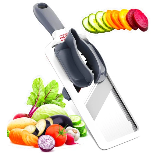 KNS ESSENTIALS Mandoline Slicer for Kitchen – Adjustable Stainless Steel Blades, with Comfort Grip – Vegetable Slicer for Small to Medium sized Cucumber, Onion, Potato – Gray