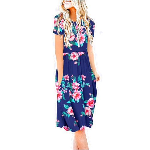 DB MOON Women Summer Casual Short Sleeve Dresses Empire Waist Dress with Pockets