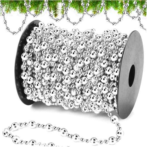 Pangda 49 Feet Christmas Tree Beads Garland Strands Chain for Christmas Wreath Decoration Table Centerpiece (Silver)