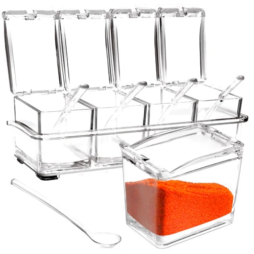 Faxco 4-Cell Clear Seasoning Rack Spice Box, Storage Container Condiment Jars Acrylic Seasoning Box with Cover and Spoon (Enhanced Version Clear)