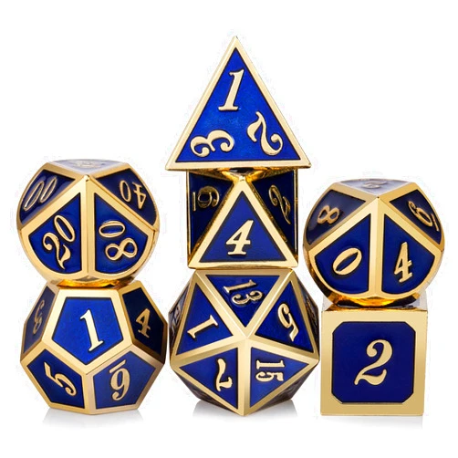 DnDnD Heavy Polyhedral Metal Dice Set with Metal Box, 7-die Shiny Blue surface with Golden Number for RPG,Dungeons and Dragons,Pathfinder,Shadowrun,D&D,Role Palying Game and Math Teaching
