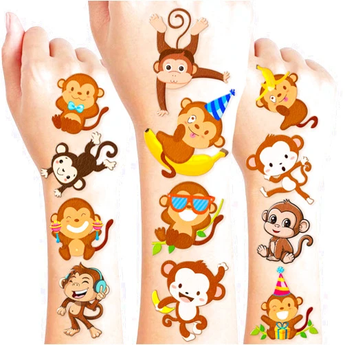 Frawharmone 96PCS Little Monkey Temporary Tattoos Birthday Party Decorations Favors Supplies Decor Cute Funny Wild Monkeys Jungle Safari Animals Tattoo Stickers Gifts For Kids Boys Girls School Prizes Carnival