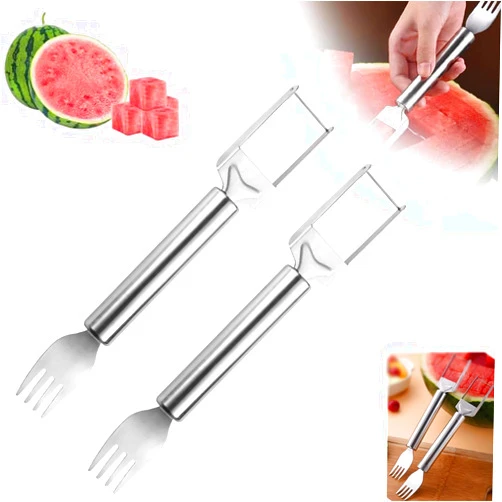 Coloza 2-in-1 Watermelon Cutter and Fork, Summer Fruit Cutting Fork, Dual Head Fruit Forks Slicer Watermelon Cutter Tool for Home, Party, Camping (2Pcs)