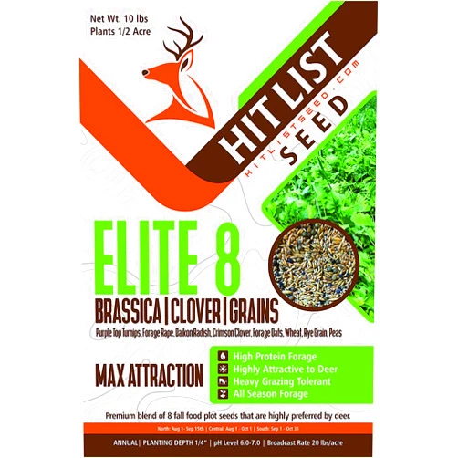 Hit List Seed Elite 8 Fall Deer Food Plot Blend, 10 lbs (1/2 Acre) -Turnip, Radish, Forage Brassica, Clover, Wheat, Rye, Oats, Peas, Whitetail, Blacktail, Deer, Elk, Hunting, High Protein, Attractive
