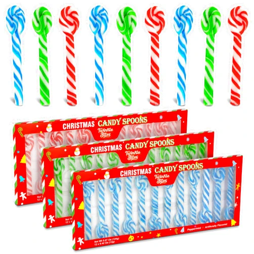 Twinkle Bites 48 Pack Christmas Candy Cane Spoon – Individually Wrapped Peppermint Flavor, Red, Gree, Blue Colors – Hot Chocolate, Tea, Coffee Stirrers – Bulk Candy Great Use For Stocking Suffers, Classroom Partys, Party Favors