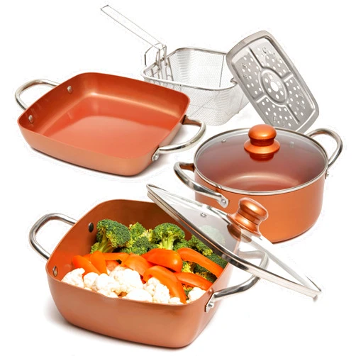 Moss & Stone 7 Pcs Copper Pots And Pans Set, Copper Chef Cookware Non Stick, Square Copper Pans for Cooking, Round Copper Pot & Fry Basket, Oven Safe 5 Quart Deep Frying Pan, Induction Cookware Set