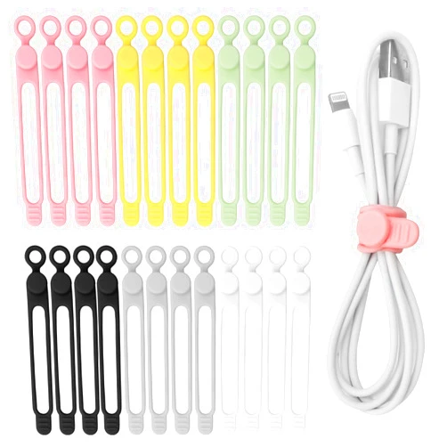 Catcan 24 PCS Silicone Cable Ties, Catcan Reusable Cord Ties for Electrical Cords, Multipurpose Elastic Cord Organizer Straps for Bundling Fastening Charging Cords Earphone Cable (6 Colors)