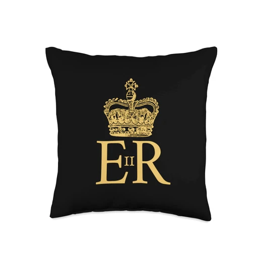 QUE%N ELIZA%BETH II GREAT BRITISH MONARCH, UK FLAG QUEPercentN ELIZAPercentBETH II, British Monarch Cypher, United Kingdom Throw Pillow, 16x16, Multicolor