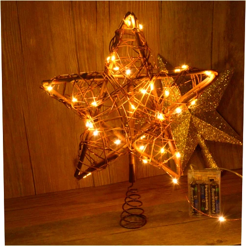 Awinking Christmas Star Tree Topper with 30 LED Warm White Copper Lights, Vintage Rattan Natural Christmas Decorations for Christmas Tree, Table, Fireplace