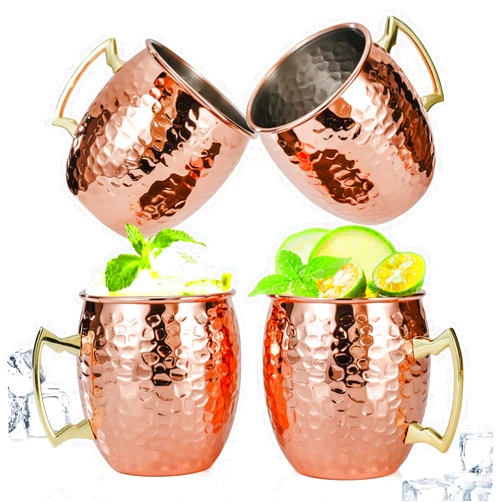 Amrules Moscow Mule Mugs Set of 4, 16 oz Hammered Copper Cups with 304 Stainless Steel Lining and Gold Brass Handles, for Cold Drinks, Beer, Wine, Bars, Parties