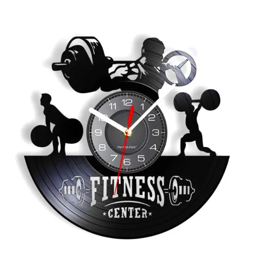 IUPPA 30Cm Vinyl Record Wall Clock Weightlifting Strength Fitness Center Wall Clock Bodybuilding Sports Events Vinyl Disk Crafts Album Record Gym Addicts Gift, Black