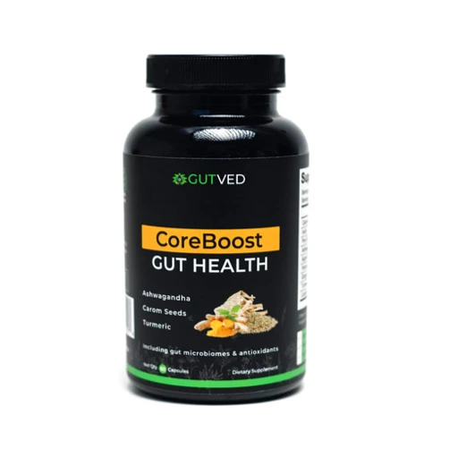 GUTVED Gut Health Supplement Coreboost with Ashwagandha, Carom Seeds, Turmeric - Prebiotics and Probiotics for Women & Men - 2 Billion CFU-Best for Digestive Health, Bloating Relief, Gas Reduction