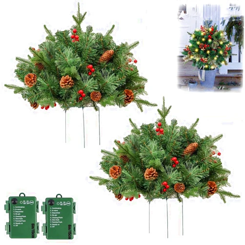 Xiteluo Prelit Planter Bushes, Prelit Planter Bushes Christmas, Holiday Planter Filler, Pre Lit Christmas Planter Filler Outdoor, Lighted Artificial Xmas Pine Trees with Tripod Stake (D,2pcs)