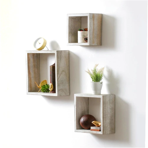 KMwares Set of 3 (12“/10”/8“) Rustic White Grey Paulownia Wood Square/Cube Floating Shelves Set of 3 - Wall Mounted Storage for Living Room, Bedroom, Office