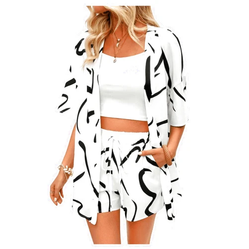 MakeMeChic Women's Plus Size Boho 2 Piece Outfits Short Sleeve Kimono Cardigan Casual Vocation Shirts And Shorts Sets
