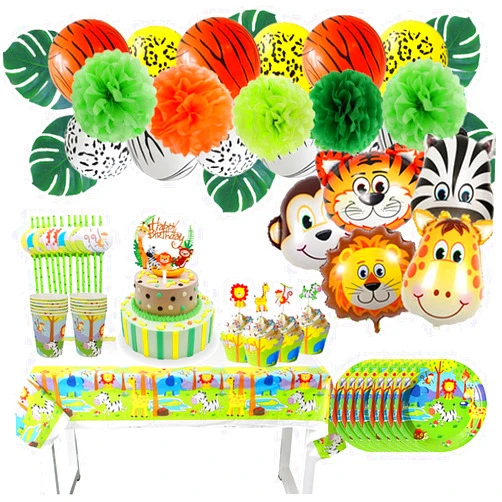 Afyyonbb Jungle Safari Theme Party Animals Balloons Baby Shower Birthday Decorations for Boy Kit, 107 PCS, Lncluding Safari Plates, Cups, Tablecloth, Straws, Cake Toppers, Balloon Garland Kit