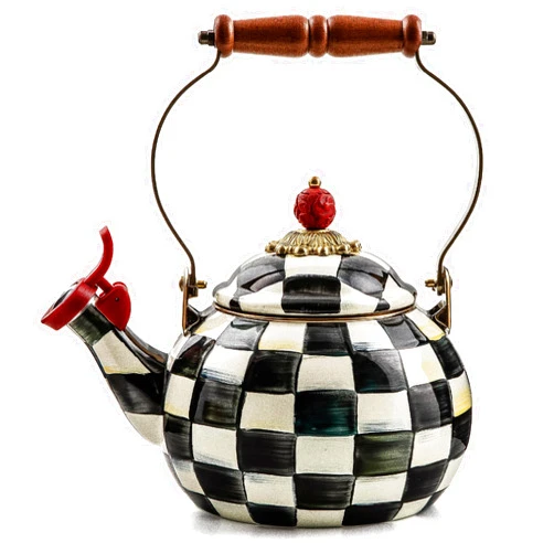 MACKENZIE-CHILDS Enamel Whistling Tea Kettle, Decorative Teapot for Stovetop, Black-and-White Courtly Check