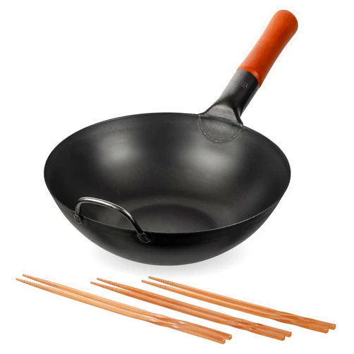 YOSUKATA Carbon Steel Wok Pan – 11,8 “ Woks and Stir Fry Pans - Chinese Wok with Flat Bottom Pow Wok + Reusable Natural Wooden Long Cooking Chopsticks Set of 3 pairs: 11.8 inch, 13-inch, 14.2 inch