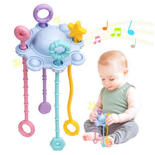 ETETOO Montesorri-Toys - Pull String Toys for Baby - Made of 100% Food Grade Silicone with Built-in Rattle Function and Easy to Clean Design (Blue)