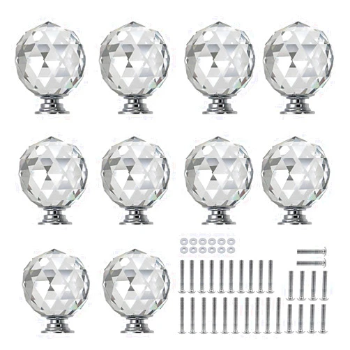 SUNMALL 10 Pcs 30mm Round Diamond Crystal Cabinet Knobs Drawer Pull Handle Kitchen Door Wardrobe Hardware Used for Cabinet, Drawer,Dresser, Cupboard,Wardrpbe Furniture with 3 Kinds of Screws