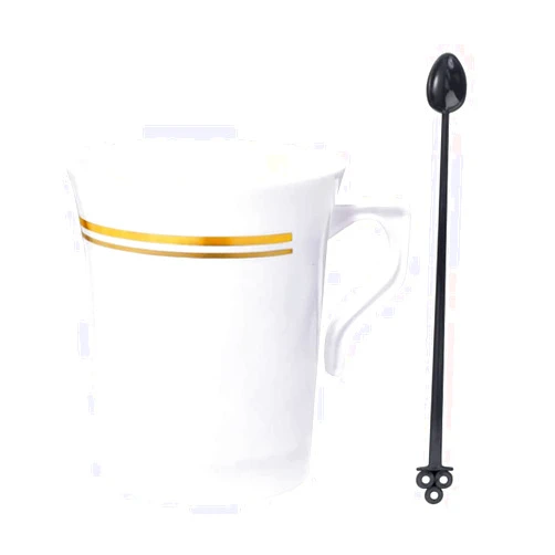 Nervure 60 Pack White Plastic Coffee Mugs with 60 PCS Black Coffee Stirrers - 8oz Disposable Coffee Cups with Handles & 5inch Coffee Stirrers - Plastic Tea Cups with Gold Rim for Wedding and Party