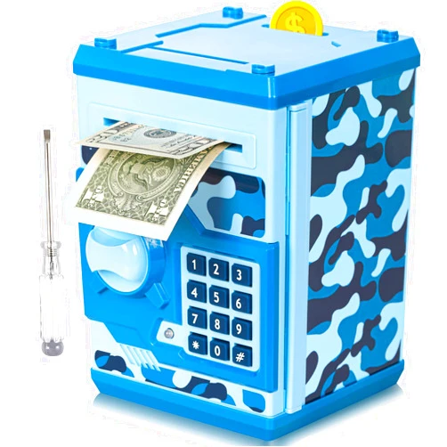 Vcertcpl ATM Piggy Bank for Boys Girls, Vcertcpl Mini ATM Coin Bank Money Saving Box with Password, Kids Safe Money Jar for Adults with Auto Grab Bill Slot, Great Gift Toy Bank for Kids(Camouflage Blue)