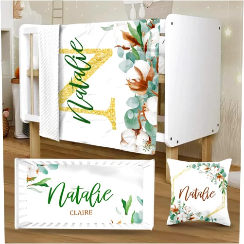 YISMEET Customized Crib Bedding Set, Gifts for Toddlers, 3 Pcs Crib Set for Newborns Infant, Cozy and Cute Crib Sheet Set, Flower Baby Set with Name