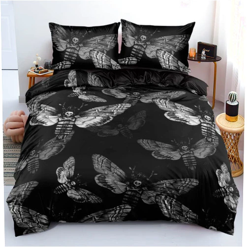 Holiyjog Death Skull Duvet Cover Set King Size Gothic Bedding Set Skull Moth Comforter Cover Teens Skeleton Bones Black Bed Set