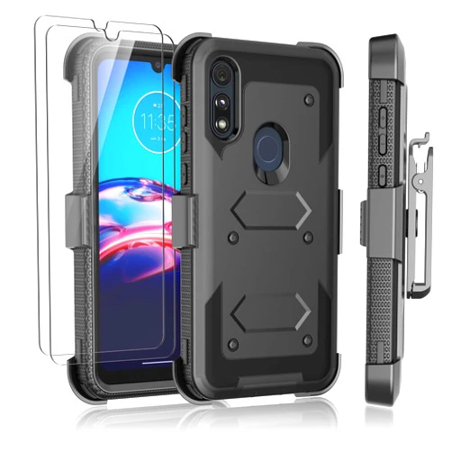 Njjex for Moto E Case, for Motorola Moto E 2020 Case with Tempered Glass Screen Protector [2 Pack], [Nbeck] Shockproof Heavy Duty Locking Swivel Holster Belt Clip Kickstand Rugged Hard Cover [Black]