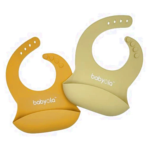 Babyola Silicone Baby Bibs with Spill Catcher, Set of 2, Adjustable Waterproof & BPA Free, For Boys And Girls, Babies & Toddlers, Pastel Orange & Yellow