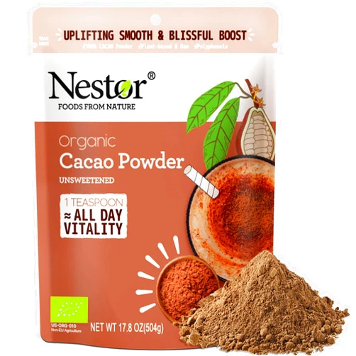 Nestor Premium 100% Organic Grade Cacao Powder Unsweetened 17.8oz, Nestor High Flavanol Raw Cacao Superfood Non-GMO, Chocolate Flavor, Non-Alkalized Cocoa for Focus Energy Immunity