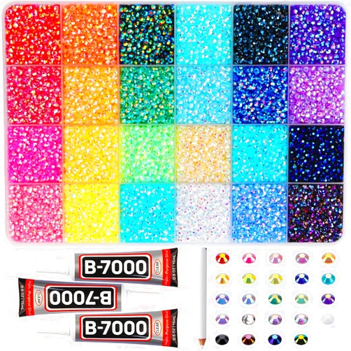 Worthofbest 32000Pcs 3mm Rainbow Jelly Rhinestones Gems for Bedazzling Crafting, Colorful Bedazzled Resin Gemstone Flatback Jewel, SS10 Multi Colored Bedazzler Kit with B7000 Glue for Book Clothes Crafts Clothing