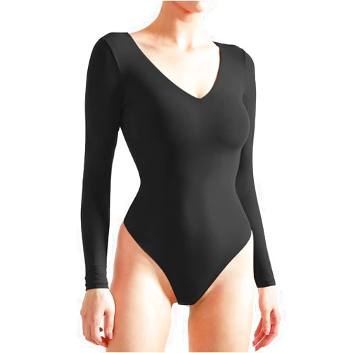 SUUKSESS Women V Neck Long Sleeve Bodysuit Sexy Thong Bodysuit Shirts