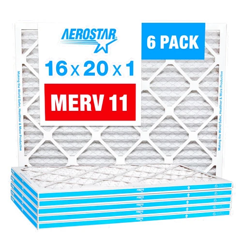Aerostar 16x20x1 MERV 11 Pleated Air Filter, AC Furnace Air Filter, 6 Pack (Actual Size: 15 3/4
