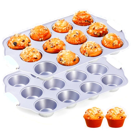 SJ 2 Pack Muffin Pan with Heat-Resistant Handles, 12 Cup Regular Size Cupcake Pan, Healthy Nonstick Coated Muffin Tray, PFOA & PFAS-Free Cupcake Baking Pan Molds for Oven Dishwasher Safe - Silver