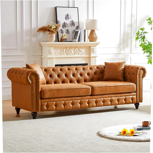 Harper & Bright Designs Tech Fabric Upholstered 3-Seater Living Room Sofa with Button and Copper Nail on Arms, Classic Chesterfield Sofa, Four Pillows Included (Brown)