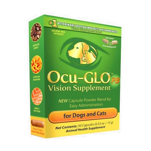 Ocu-GLO PB Vision Supplement for Small Dogs & Cats – Easy to Administer Powder Blend with Lutein, Omega-3 Fatty Acids, Grape Seed Extract and Antioxidants to Promote Eye Health, 30ct Sprinkle Capsules