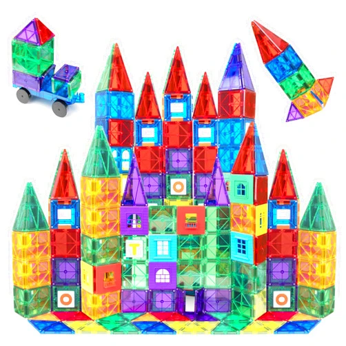 Playmags 150-Piece Magnetic Tiles Building Set – 3D Magnet Building Blocks, Creative Imagination, Inspirational, Educational STEM Toys for Kids with 1 Car