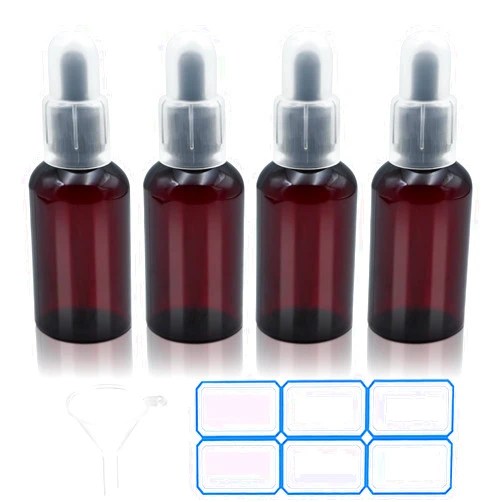 AskBed 4 Pack 2 Oz (50ml) Amber Plastic Essential Dropper Bottles with Funnel, Labels for Liquid Storage