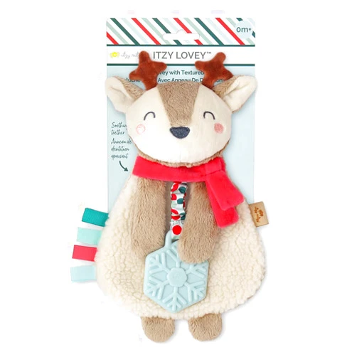 Itzy Ritzy - Itzy Lovey Including Teether, Textured Ribbons & Dangle Arms; Features Crinkle Sound, Sherpa Fabric and Minky Plush; Jolly The Reindeer