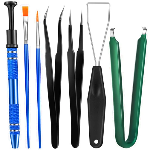 Minatee 9 Pieces Keyboard Lube Switch Puller Kit IC Extractor Switch Puller Key Cap Puller Elbow Tweezers Pointed Tweezers Flat Head Grease Brush Fine Head Grease Brush for Disassembly of Electronic Component