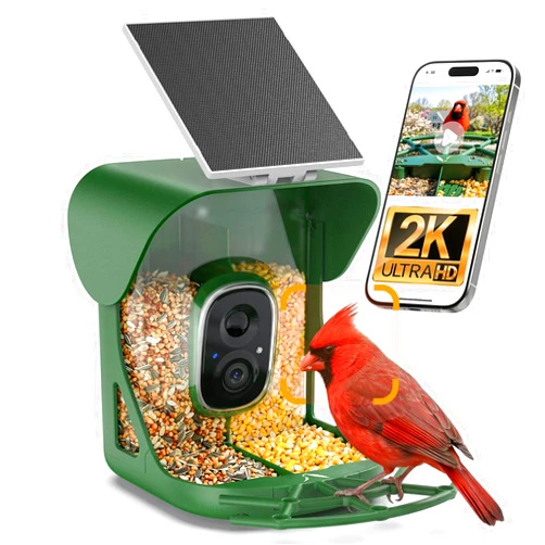 WLNYUGS Smart Bird Feeder with Camera, AI Identify Birds Species, 2K HD Color Night Vision, IP65 Waterproof Solar Powered Bird Feeder with 142° Wide Angle, Auto Capture & Real-time Notifications, Ideal Gift