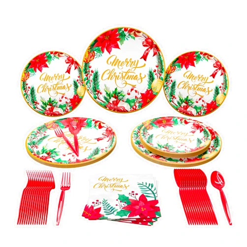Blue Orchards Christmas Party Standard Pack (100 Pieces for 16 Guests) - Christmas Party Supplies. Christmas Party Decorations, Merry Christmas Party Decor, Holiday Plates Set, Christmas Party Set