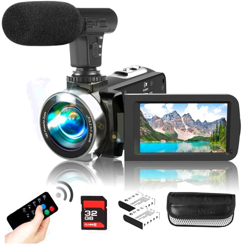 Rawiemy Video Camera Camcorder with Microphone HD 2.7K Video Recorder Camera Vlogging Camera for YouTube Kids Camcorder with 3.0
